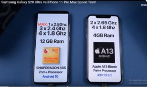 Speed Comparison: Samsung S20 Ultra and iPhone 11 Pro Max : 12 vs 4 GB of RAM