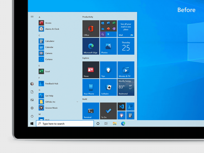 Before and after: Windows 10 start menu in the dark theme.